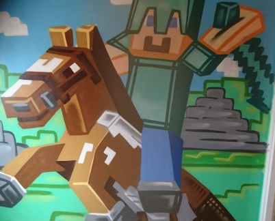 Een Foto van een minecraft kunst werk gemaakt met graffiti